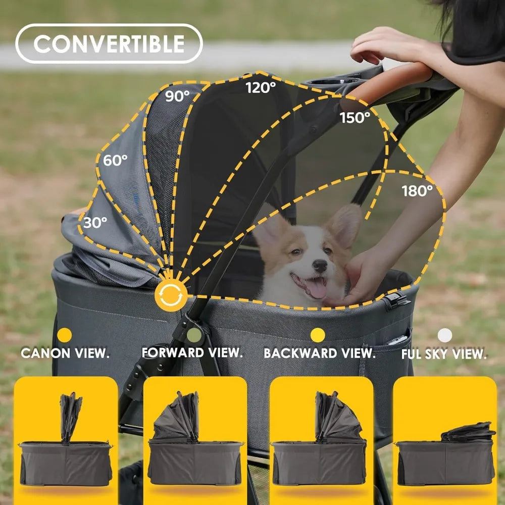 3 in 1 Folding Dog Stroller,Pet Folding Stroller,4 Wheels Dog/Cat Puppy Stroller w/Removable Travel Carrier for Small/Medium Pet