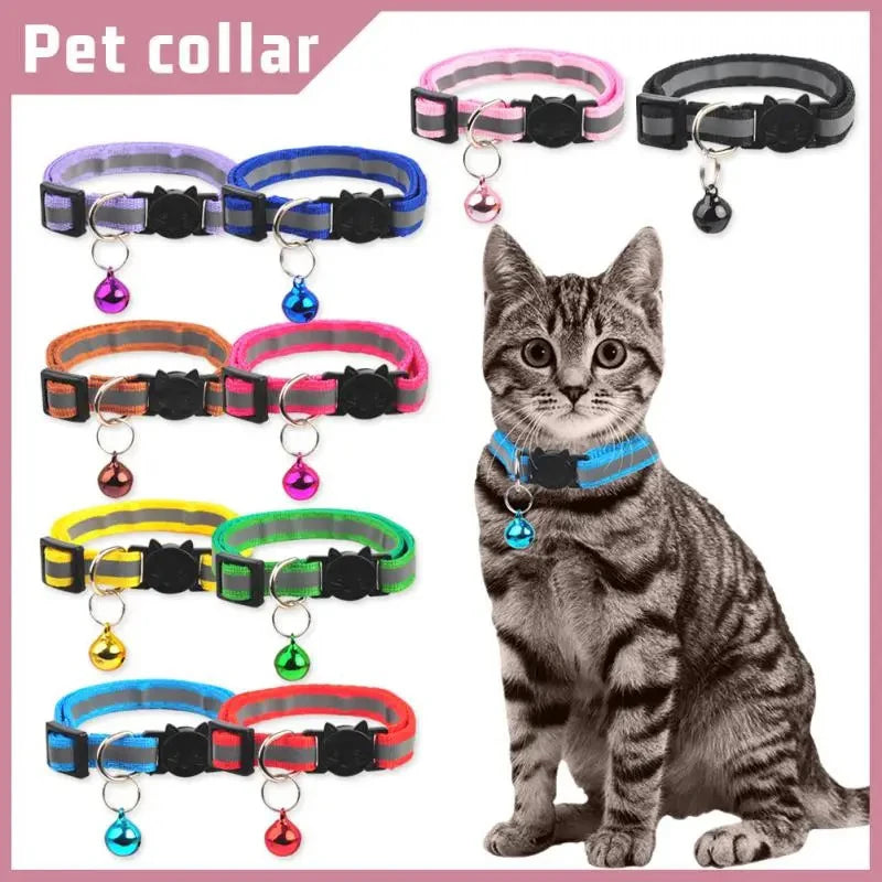 Nylon Pet Collar Night Safety Reflective Cat And Dog Collar Adjustable Pet Necklace Cartoon Cat Head Colorful Bell Pet Leash