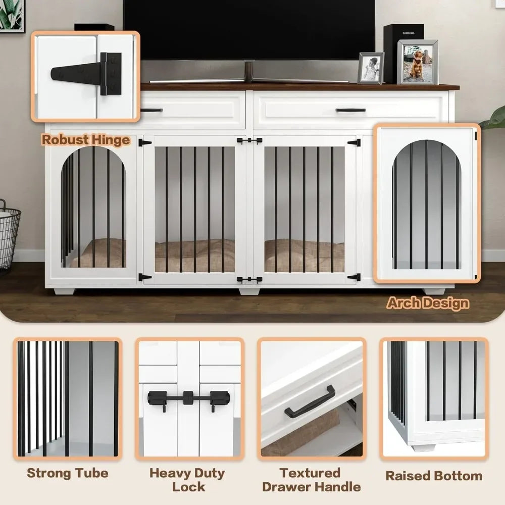 Large Dog Crate Furniture, 74.8" Dogs Kennel Cage for 2 Large Medium Dogs, Wooden Double Dog Crates Furniture Style TV Stand