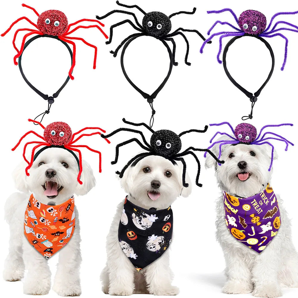 Halloween Dog Accessories Set Spider Headband Dog Bandanas Set Pet Triangle Scarf Headband For Dogs and Cats Pet Supplies