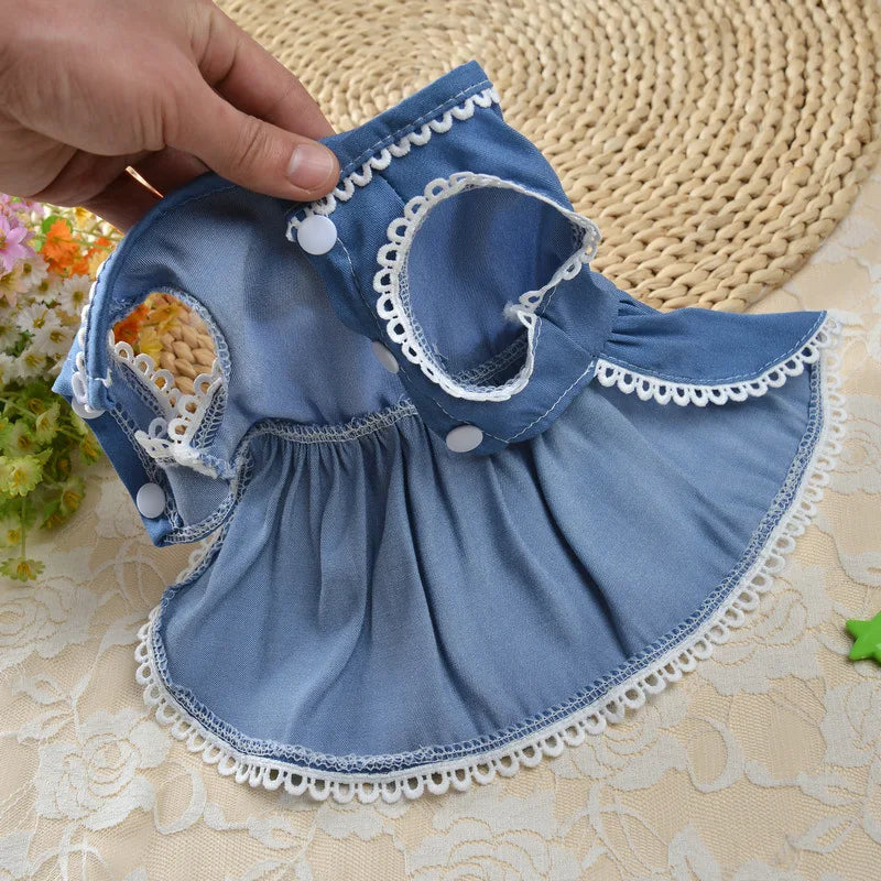 Denim Princess Skirt Comfortable Dog Dress Jeans Lace Pet Dresses for Summer Wear Elegant Bowknot Puppy Clothes Robe Pour Chien