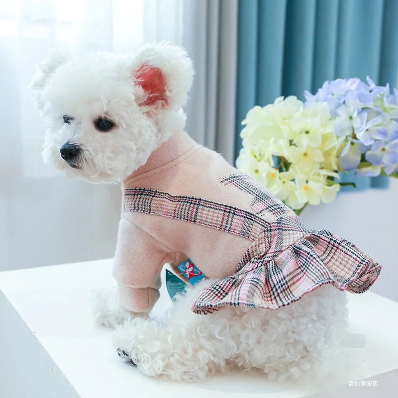 1PC Pet Clothes Cat Autumn/Winter Thick Bear Hug Pink Plaid Princess Dress Suitable for Small and Medium Dogs