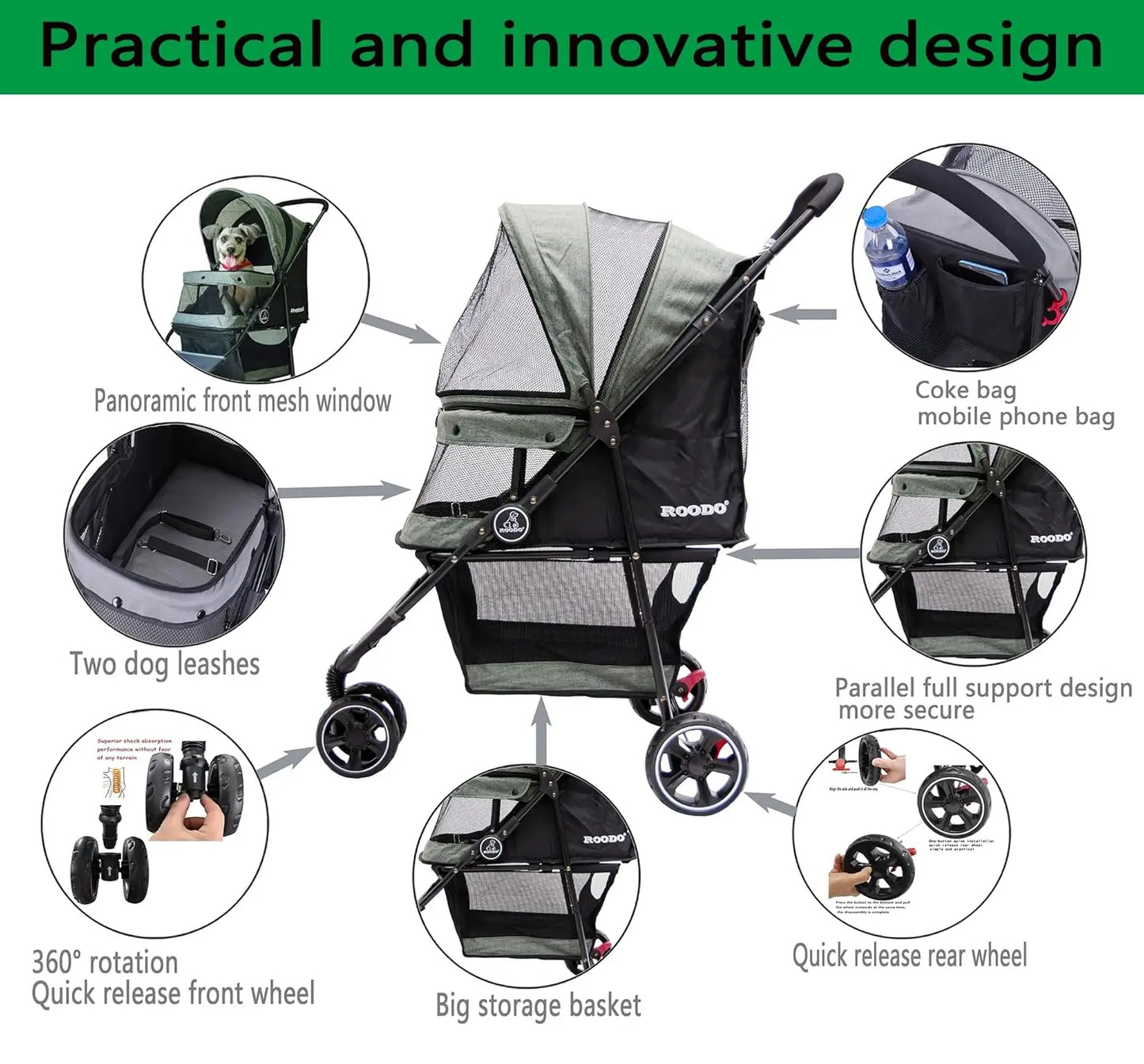 Dog Stroller 3Wheel Pet Stroller Cat Stroller Lightweight Foldable Portable Compact Jogger Pet Gear Suitable for 30lbs Dogs