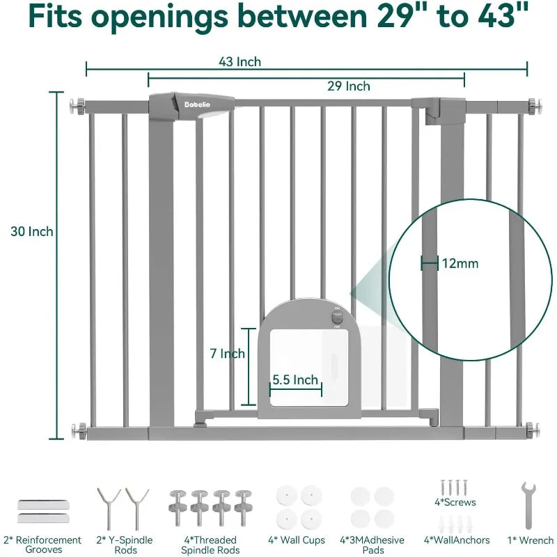 Baby Gate with Adjustable Cat Door, 29-43" Auto Close Durable Dog Gate for Stairs, Doorways and House,