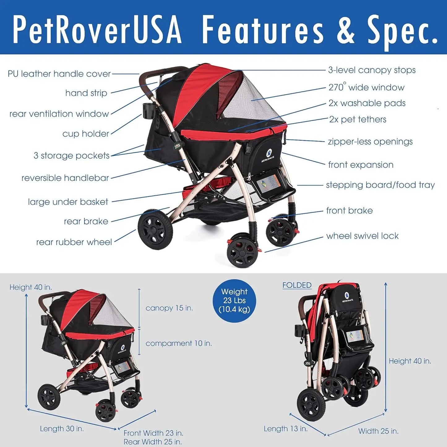 Pet Rover XL Extra-Long Premium Heavy Duty Dog/Cat/Pet Stroller Travel Carriage with Convertible Compartment