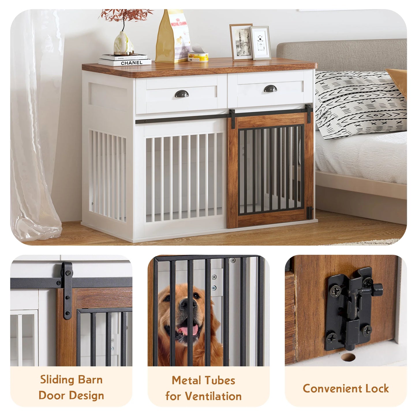 Heavy Duty Furniture Style Dog Crate Two Separate Drawers Large Storage Space Thicken Desktop Wooden Double Door Sideboard