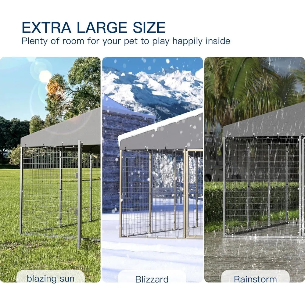 Large Outdoor Dog Kennel,Heavy Duty Dog Cage with Roof,Galvanized Steel Dog Kennel Fence with Double Safety Locks,Large