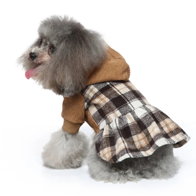 Plaid Dog Hoodie Dress Warm Soft Dog Sweater Skirt Outfit with Hat Autumn Winter Pet Coat Clothes for Small Medium Puppy Wearing