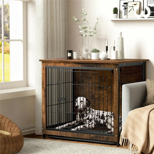 S M L 3 Sizes Dog Crate End Table Furniture Wood Metal Combine Pet Dog Cage Kennels with Double Doors and Removable Tray