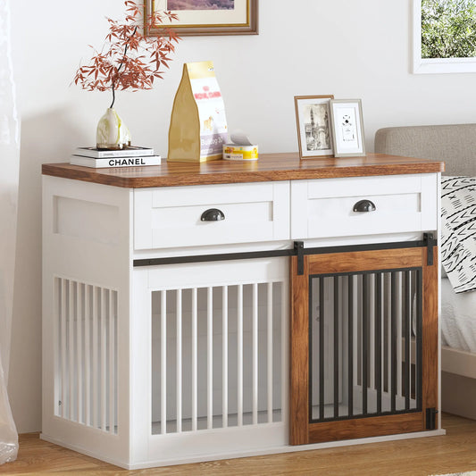 Heavy Duty Furniture Style Dog Crate Two Separate Drawers Large Storage Space Thicken Desktop Wooden Double Door Sideboard