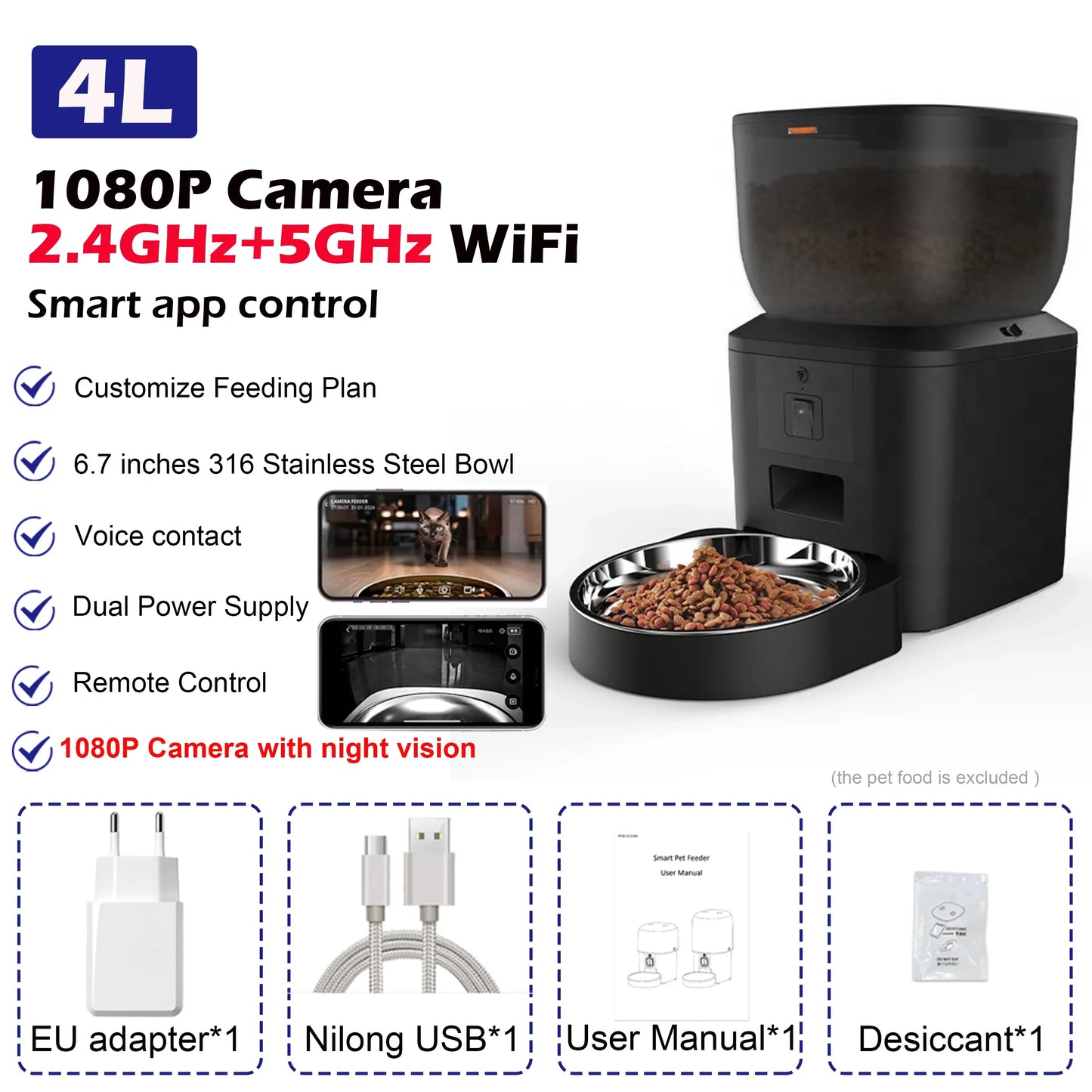 Automatic Dog Feeders with Camera 1080P HD 5G WiFi Pet Feeder Tuya APP Control Automatic Cat Dog Food Dispenser Furpipi