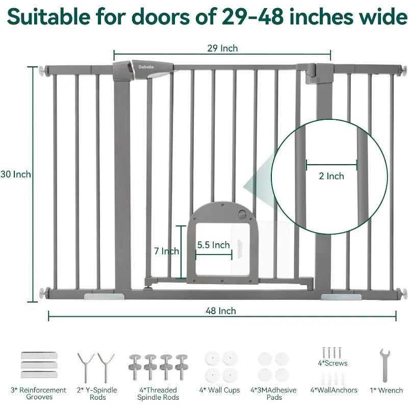 Baby Gate with Adjustable Cat Door, 29-43" Auto Close Durable Dog Gate for Stairs, Doorways and House,