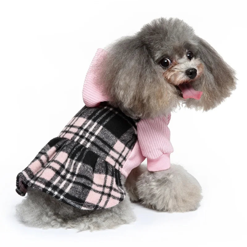 Plaid Dog Hoodie Dress Warm Soft Dog Sweater Skirt Outfit with Hat Autumn Winter Pet Coat Clothes for Small Medium Puppy Outfits