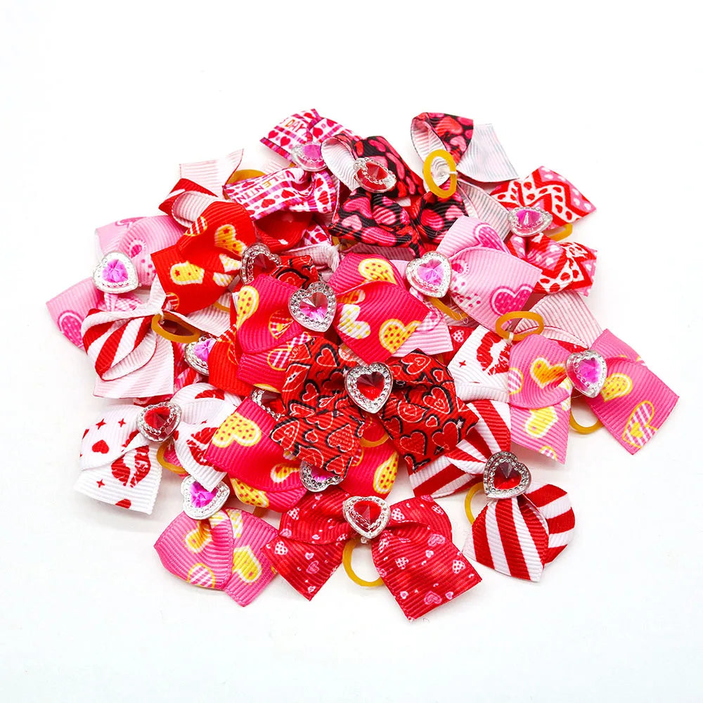 20PCS Red/Pink Series Dog Bows Valentine's Day Bows for Dogs Cute Cat Dog Bows for Rubber Band Pet Hair Bowknot Dog Accessories