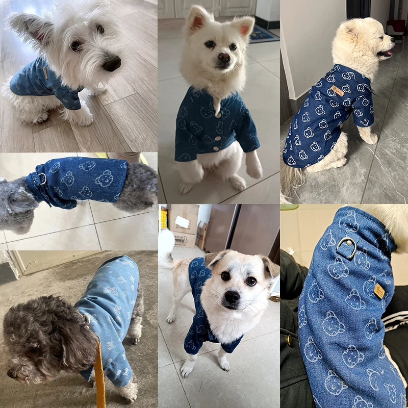 Autumn Winter Dog Denim Shirt Fashion Dog Warm Clothes Bear Print Dog Jean Vest Chihuahua Bichon Pet Clothing Puppy Costume