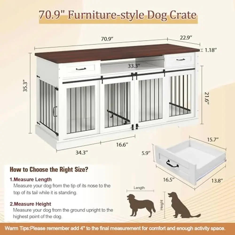 Jaula grande de madera para perros, mueble con divisor extraíble, resistente perrera de granja de 71 pulgadas, soporte para TV para 2 perros, organizador de correa y juguetes