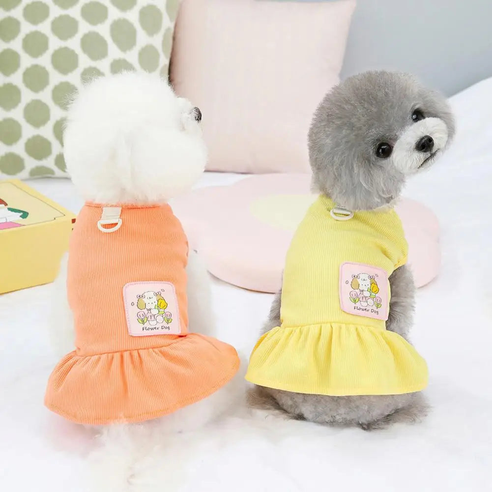 Puppy Dress Spring Summer Pet Dress Traction Ring Design Pleated Hem Striped Sleeveless Dog Clothes Cartoon Pattern Party Wear