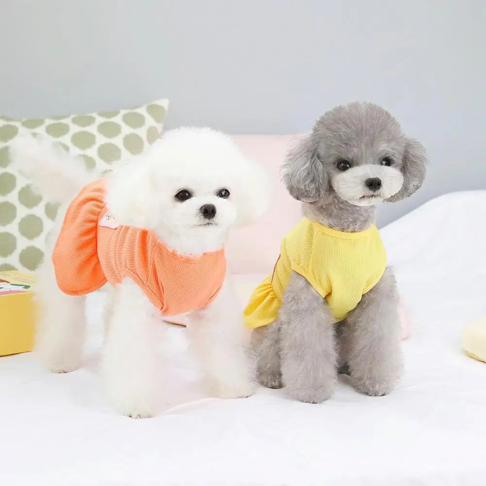 Puppy Dress Spring Summer Pet Dress Traction Ring Design Pleated Hem Striped Sleeveless Dog Clothes Cartoon Pattern Party Wear