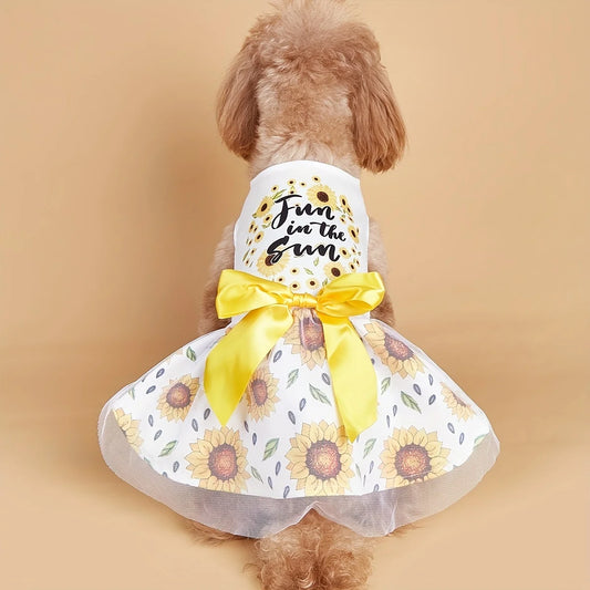 Dog Dress Girl Dog Sleeveless  Clothes Sunflower Printed Pet Apparel Bowknot Cat Clothing Puppy Dresses Costume Attire