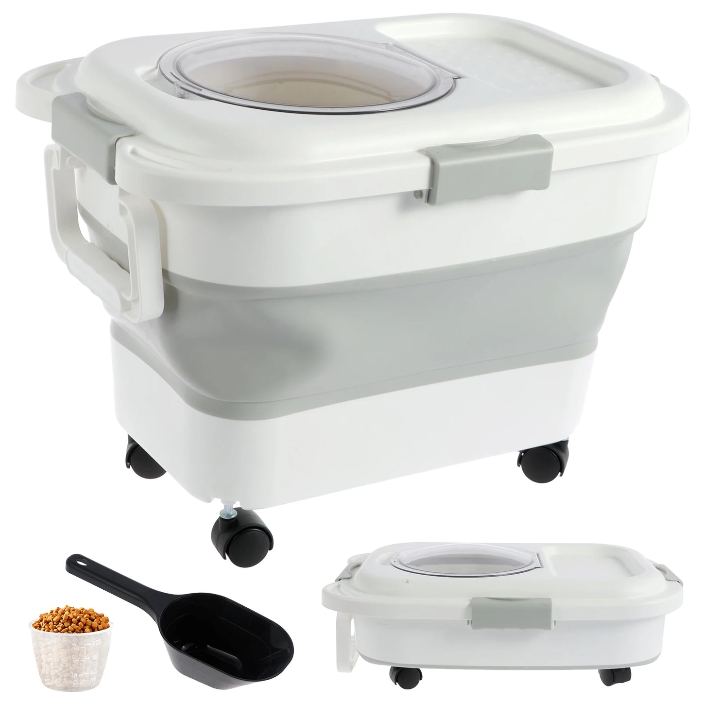 Collapsible Pet Food Storage Container Cat Dog Food Barrel Airtight Sealing Grain Rice Storage Boxes with Removable Wheels