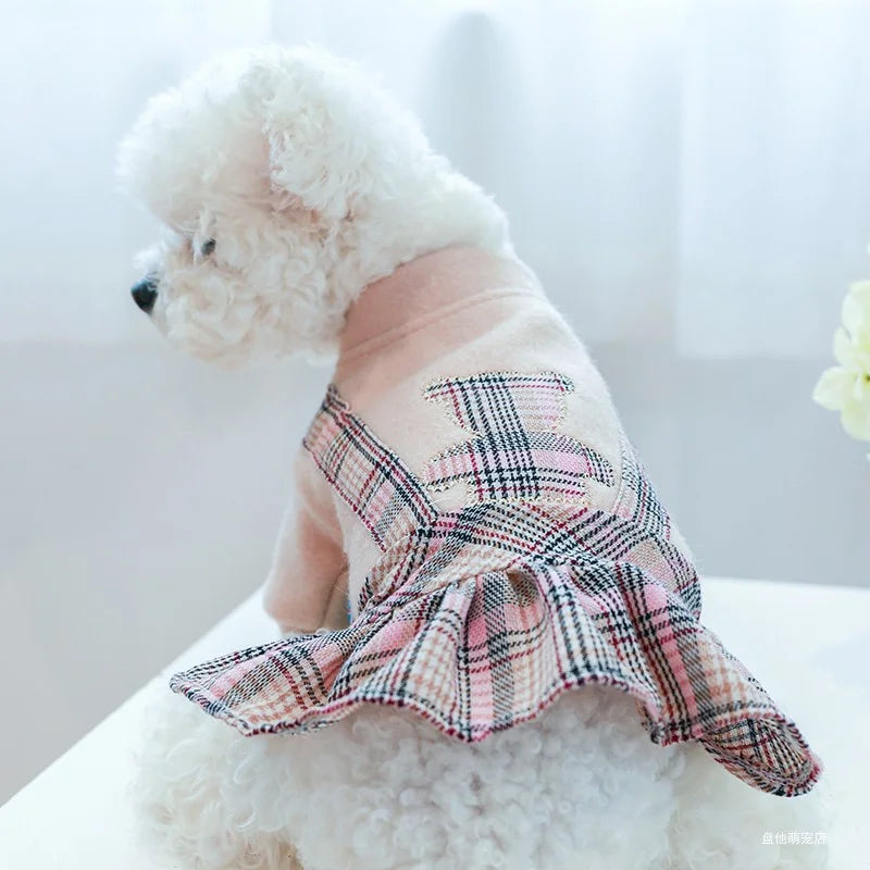 1PC Pet Clothes Cat Autumn/Winter Thick Bear Hug Pink Plaid Princess Dress Suitable for Small and Medium Dogs