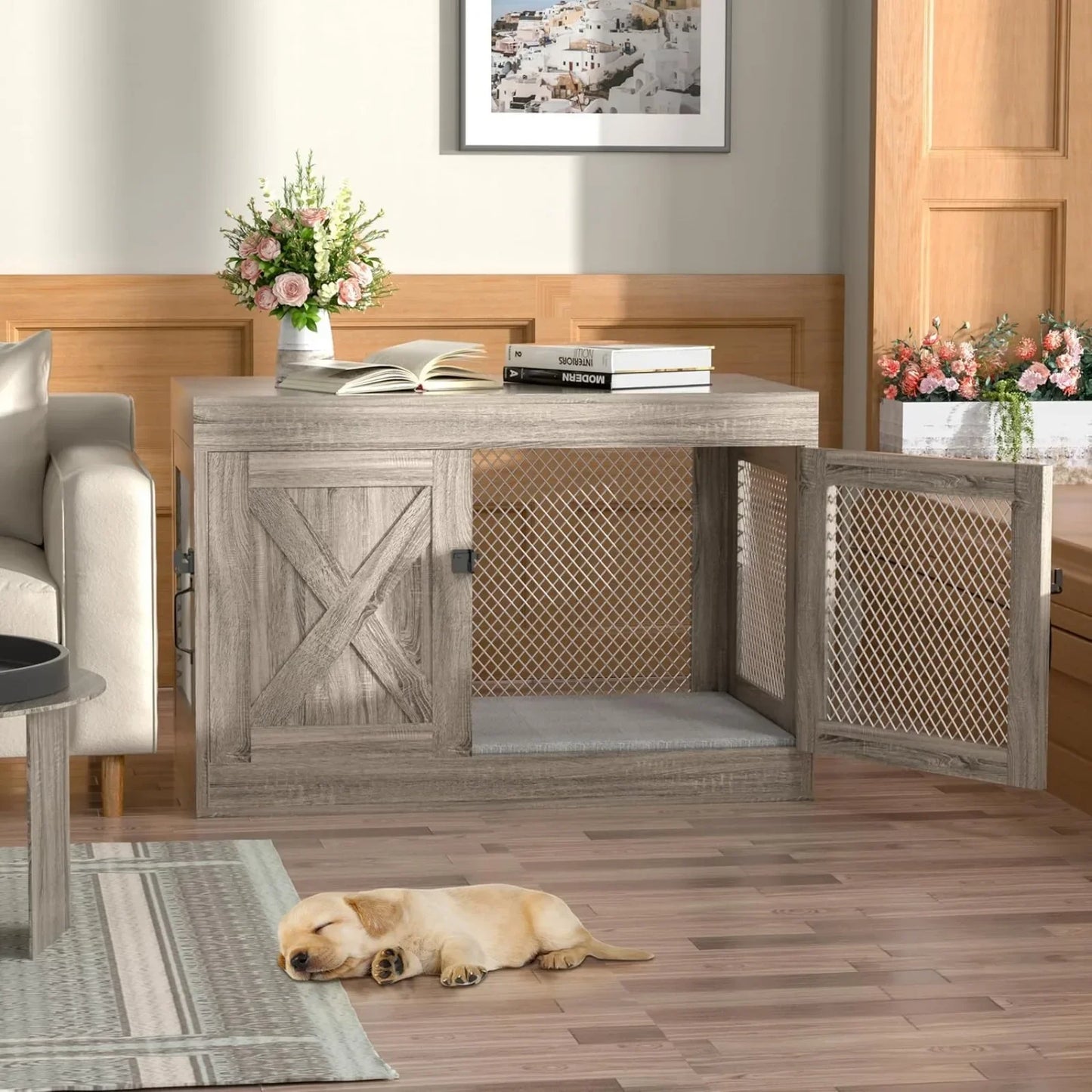 US Dog Crate Furniture with Double Doors, 36 Inch Wooden Dog Kennel End Table Indoor with Mesh, Decorative Pet Crate Indoor Use