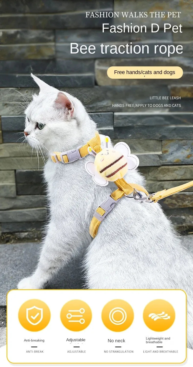 Cat Harness Leash Collar Set Adjustable Cartoon Bee Double Layer Dog Harness for Small Medium Pet Collar Leash Outdoor Walking