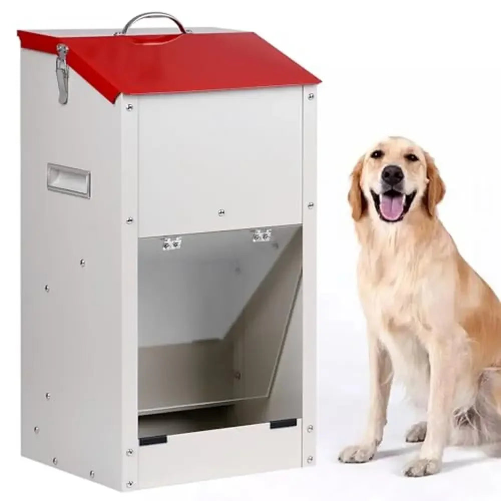 Large Breed Dog Food Dispenser Gravity Feeder 25lbs Galvanized Steel Automatic Pet Feeder Handles Outdoor Wall Mount Easy Move