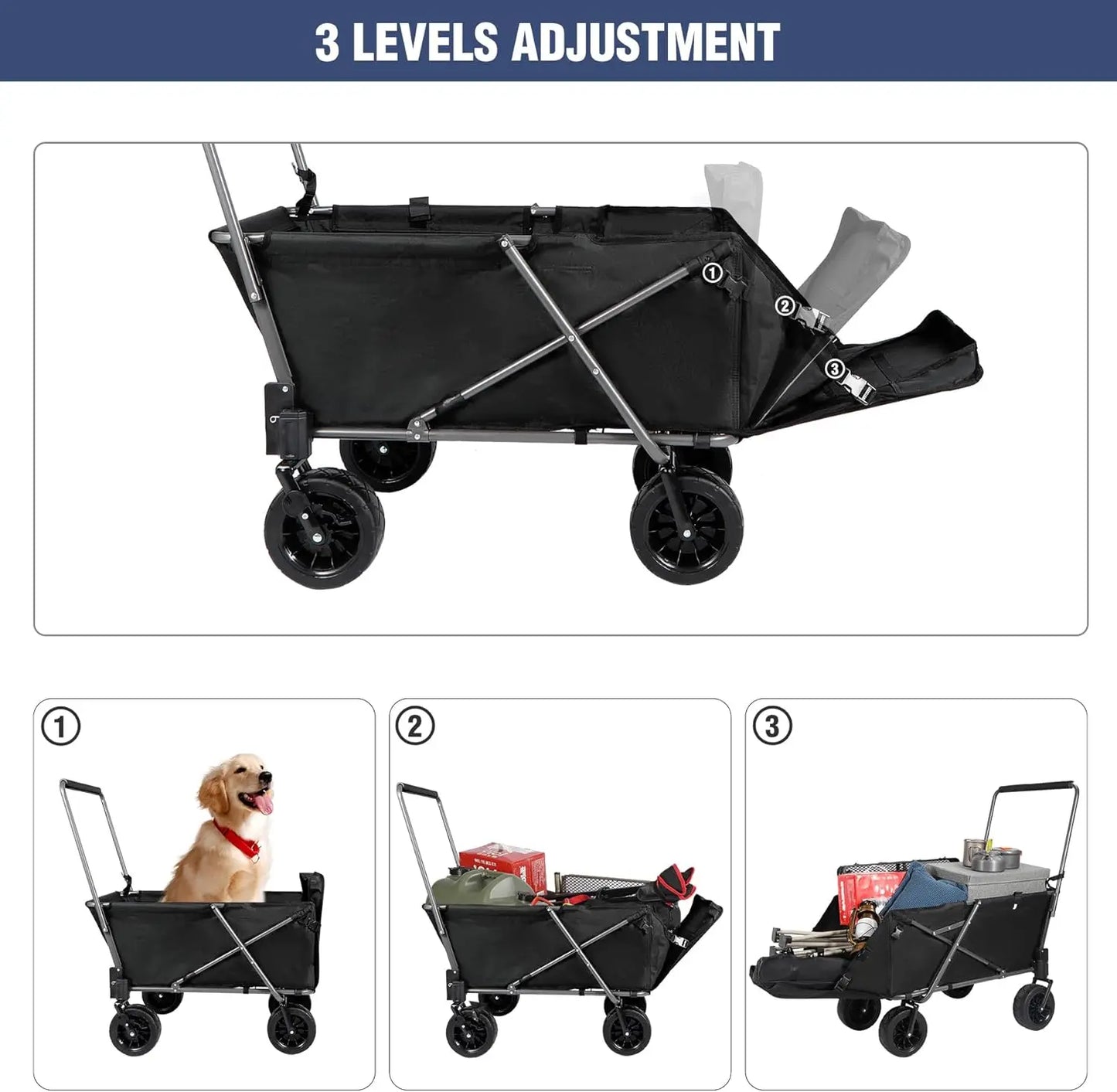 Folding Dog Wagon Cart with Extendable Rear End Heavy Duty, 220L Large Collapsible Utility Cart Dog Stroller with Tailgate for S