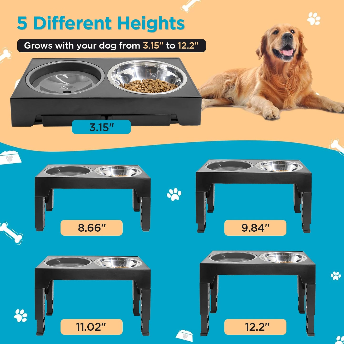 5 Adjustable Heights Raised Dog Bowl Stand with 1 Stainless Steel Food & Dog Water Bowl, Dog Bowls for Large Dogs& Cats (Black)