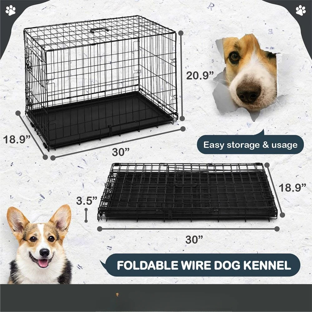 US 30 in. W Foldable Dog Crate Wire Metal Dog Kennel with Divider Panel, Leak-Proof Pan and Protecting Feet