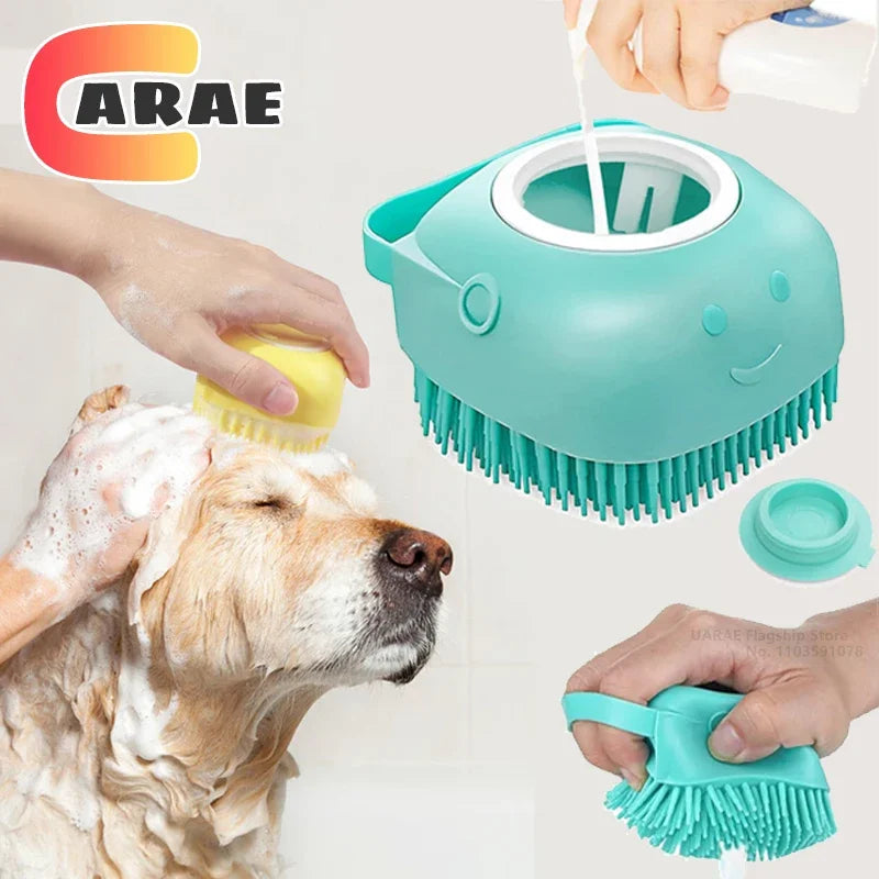 Brosse de bain pour chien, brosse de massage pour animaux de compagnie, distributeur de shampoing, brosse en silicone souple, poils en caoutchouc pour chiens et chats, outil de toilettage de douche