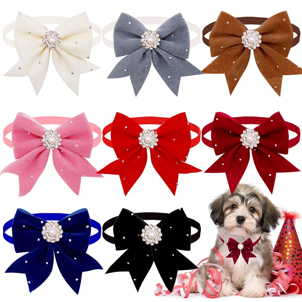 30PCS Dog Bow Handmade Adjustable Necktie Pet Collars with Pearl Drill For Dogs and Cats Cute Pet Grooming Accessories