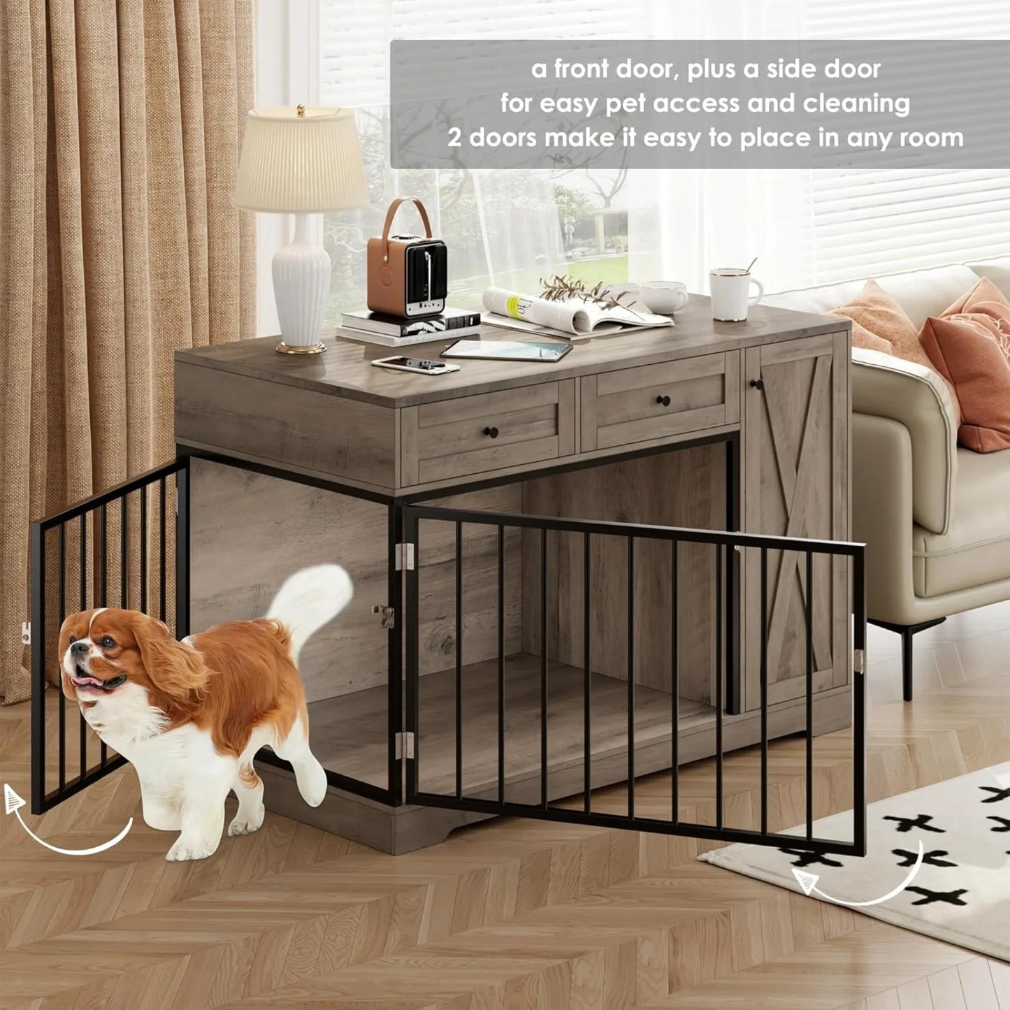 US Dog Crate Furniture Kennel with Double Doors Wooden Pet House with 2 Drawers and Storage Cabinet, Indoor Dog