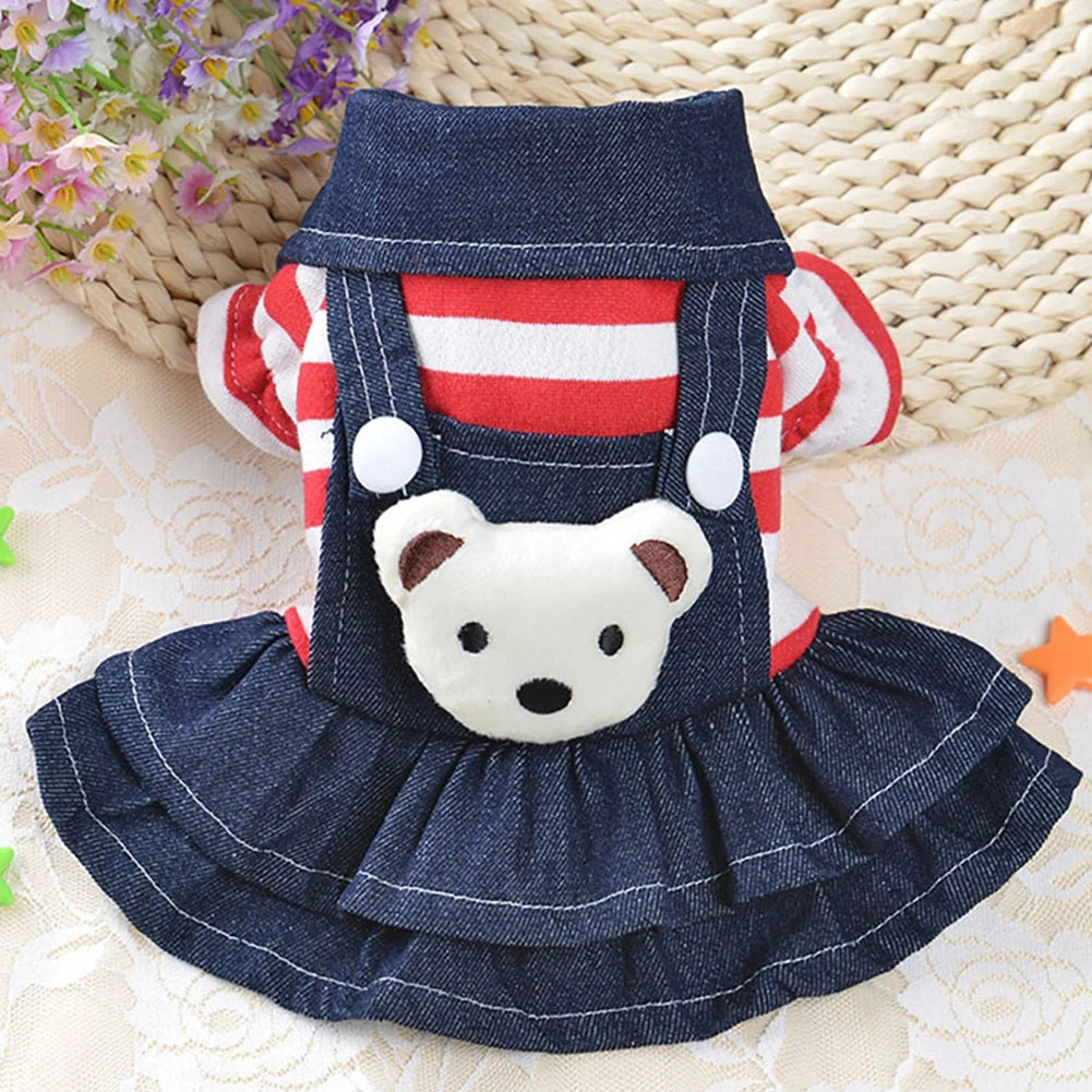 Spring Summer Pet Dog Clothes Striped Bear Cute Cat Dog Strap Denim Skirt for Puppy Yorkie Chihuahua Dresses Pet Clothing