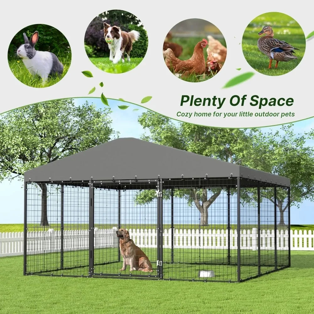 Large Outdoor Dog Kennel, Heavy Duty Dog Cage with Roof, Steel Dog Kennel with Waterproof UV-Resistant W 118" X D 118" X H 70.9"