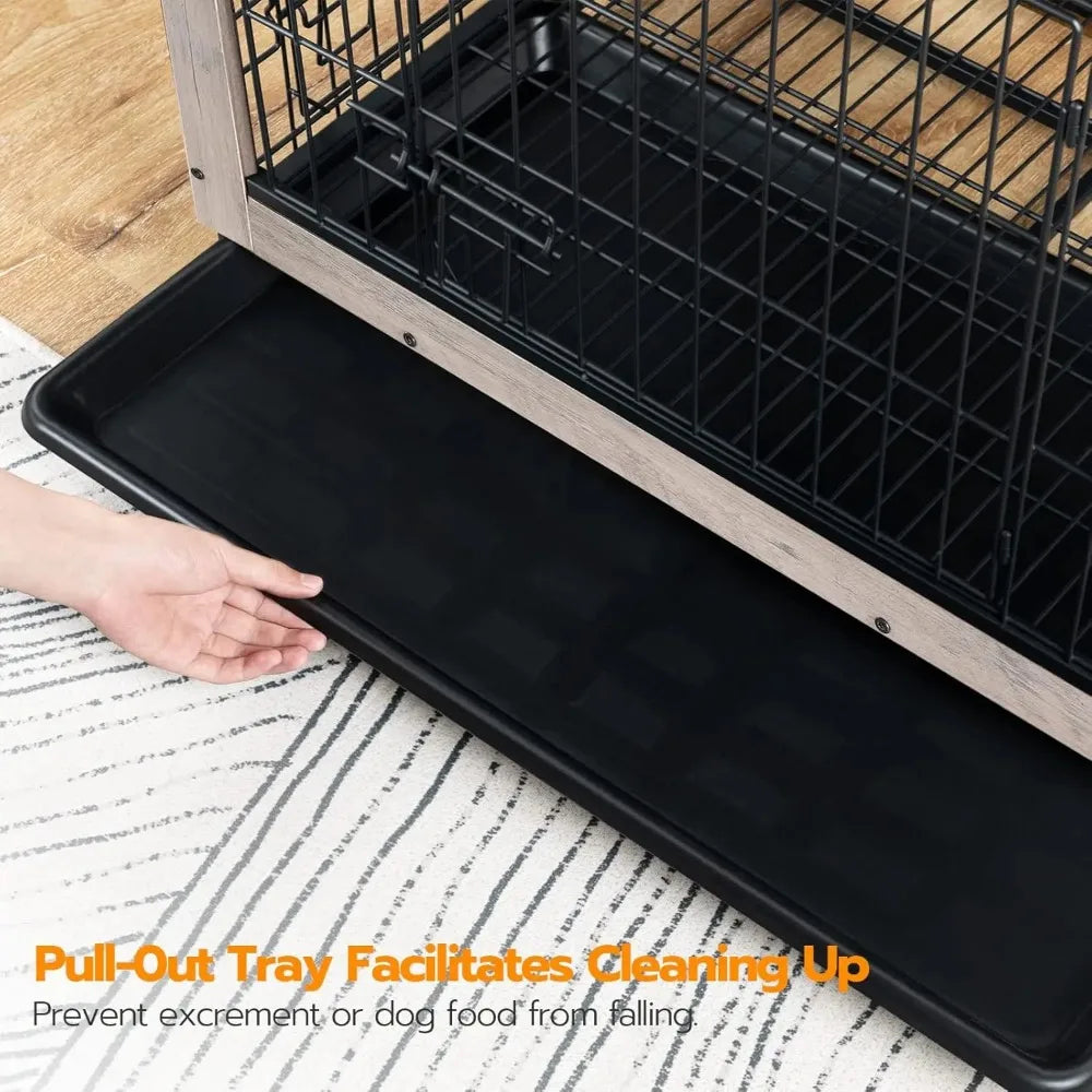 HOOBRO Dog Crate Furniture, 32.5" Medium Dog Kennel Indoor, Wooden Crate with Pull-Out Tray, Double Doors Dog House