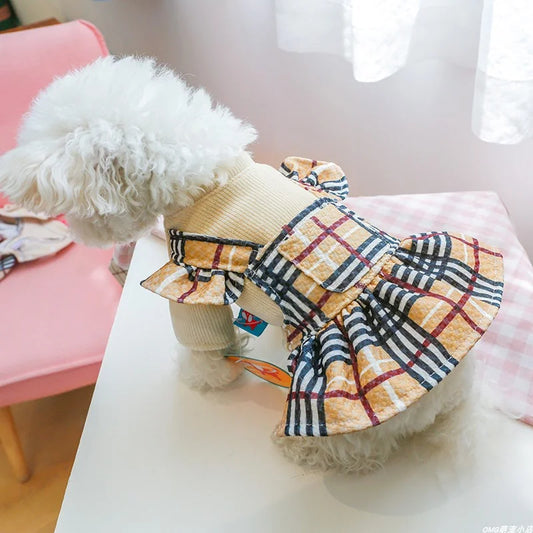 1PC pet clothing, cat spring and autumn toffee coffee plaid patchwork princess skirt suitable for small and medium-sized dogs