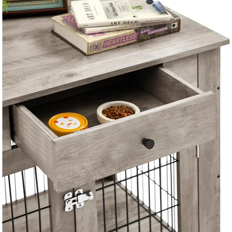 Wooden Dog Crate Side Table Furniture,With Drawers&Double Sliding Iron Doors Dog Kennel Indoor For Medium/Large Dog,Grey,29.92"L