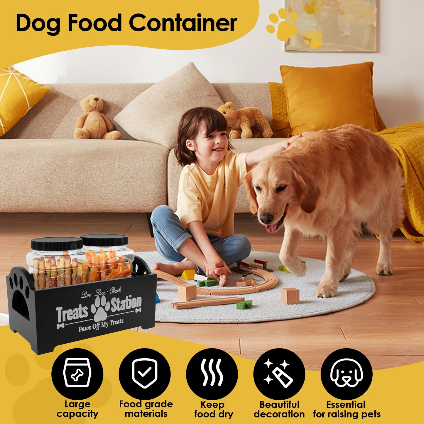 Pet Feed Storage Container Wood Dog Food Storage Organizer with 2 Plastic Jars Cat Treat Container for Pet Owners and Lovers