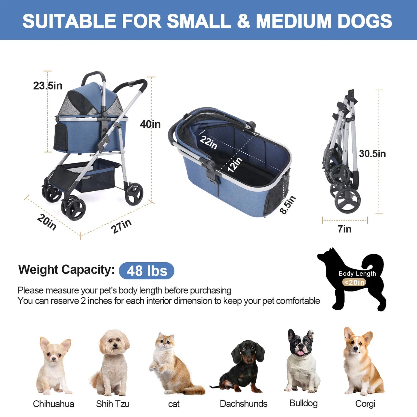 Wedyvko Pet Stroller,Foldable Pet Travel Carrier for Small/Medium Dogs Cats up to 48 lbs,Detachble Portable Pet Bag,애완견 유모차