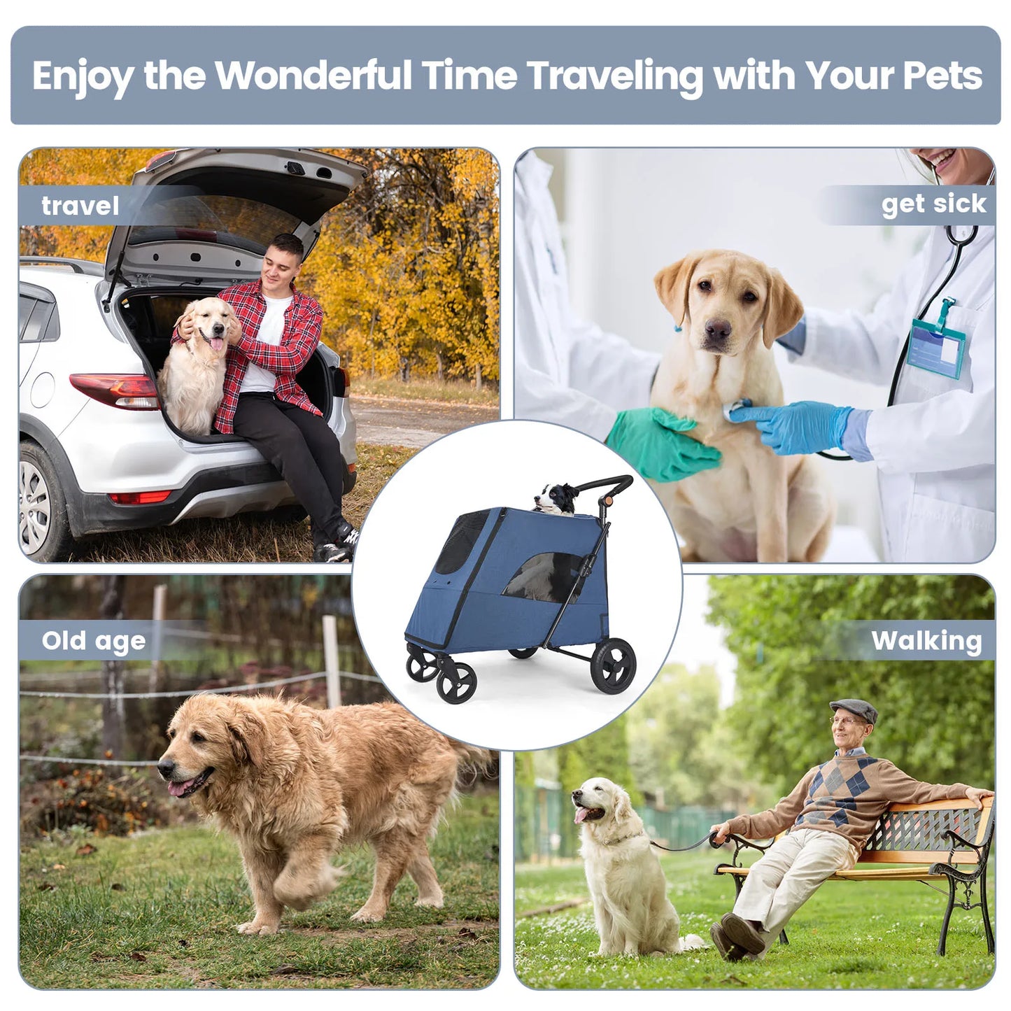 ﻿ Wedyvko Medium or larger Pet Stroller 4-Wheel Dog Travel Stroller Jogger for Cat Pet Suplies Outdoor carrinho de bebe