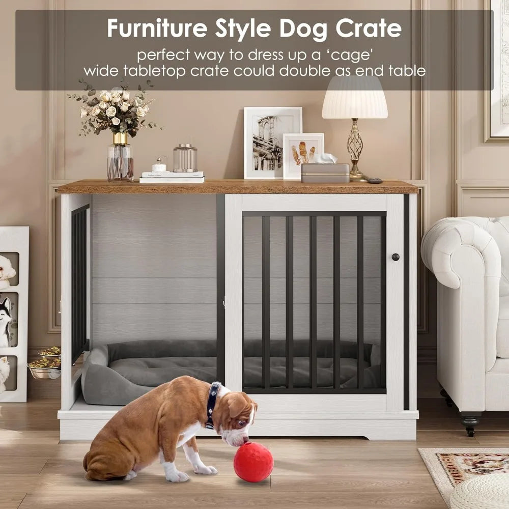 Dog Crate Furniture 47" Large Dog Kennel, Heavy Duty Dog Cage with Sliding Door and 2 SUS Bowls Wooden End Table in Living Room