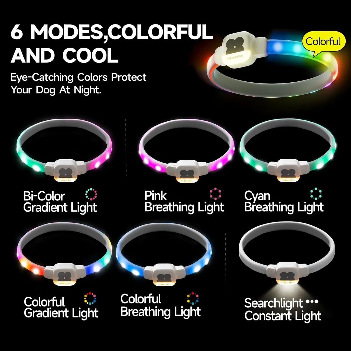 Mewoofun Light Up Dog Collar LED with USB Rechargeable Glow in The Dark Waterproof Dog Necklace with 6 Flashing Modes for Dogs