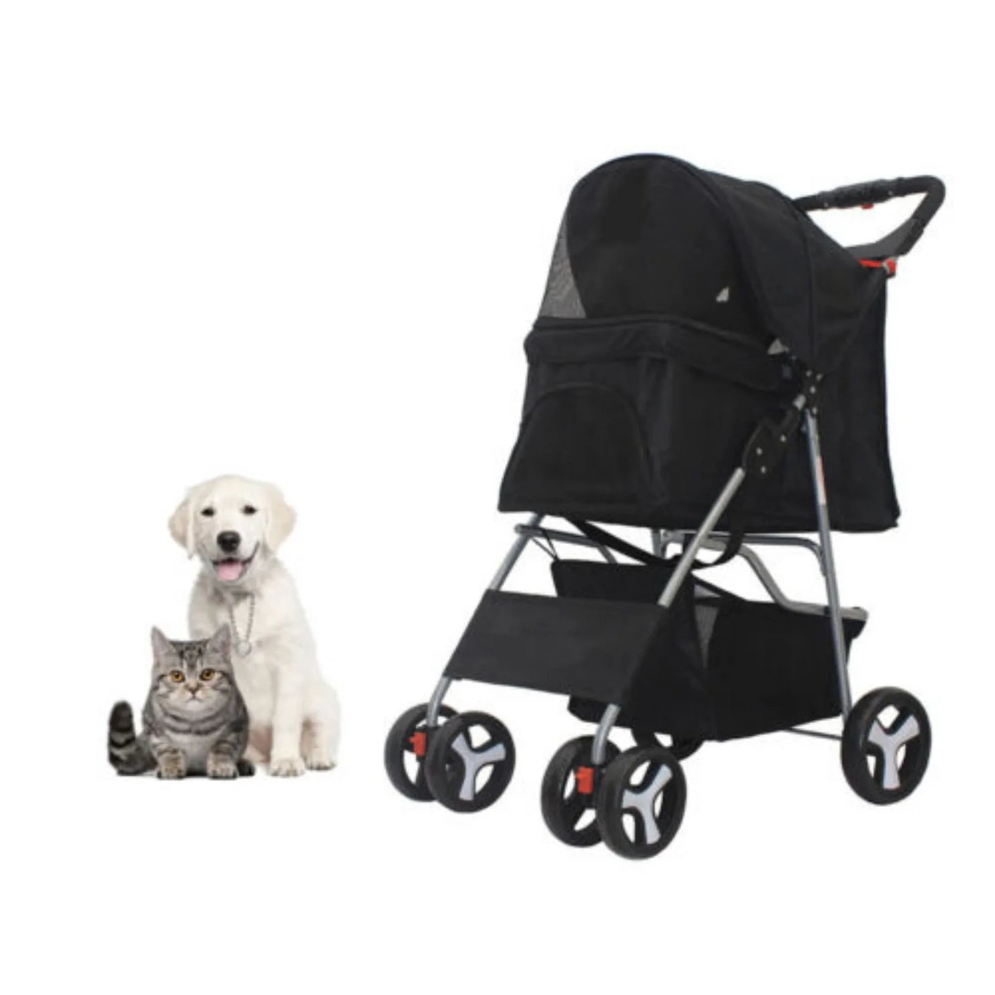 US Pet Dog Stroller, 4 Wheel, Foldable, Cat, Puppy, Travel Carriage with Storage Basket