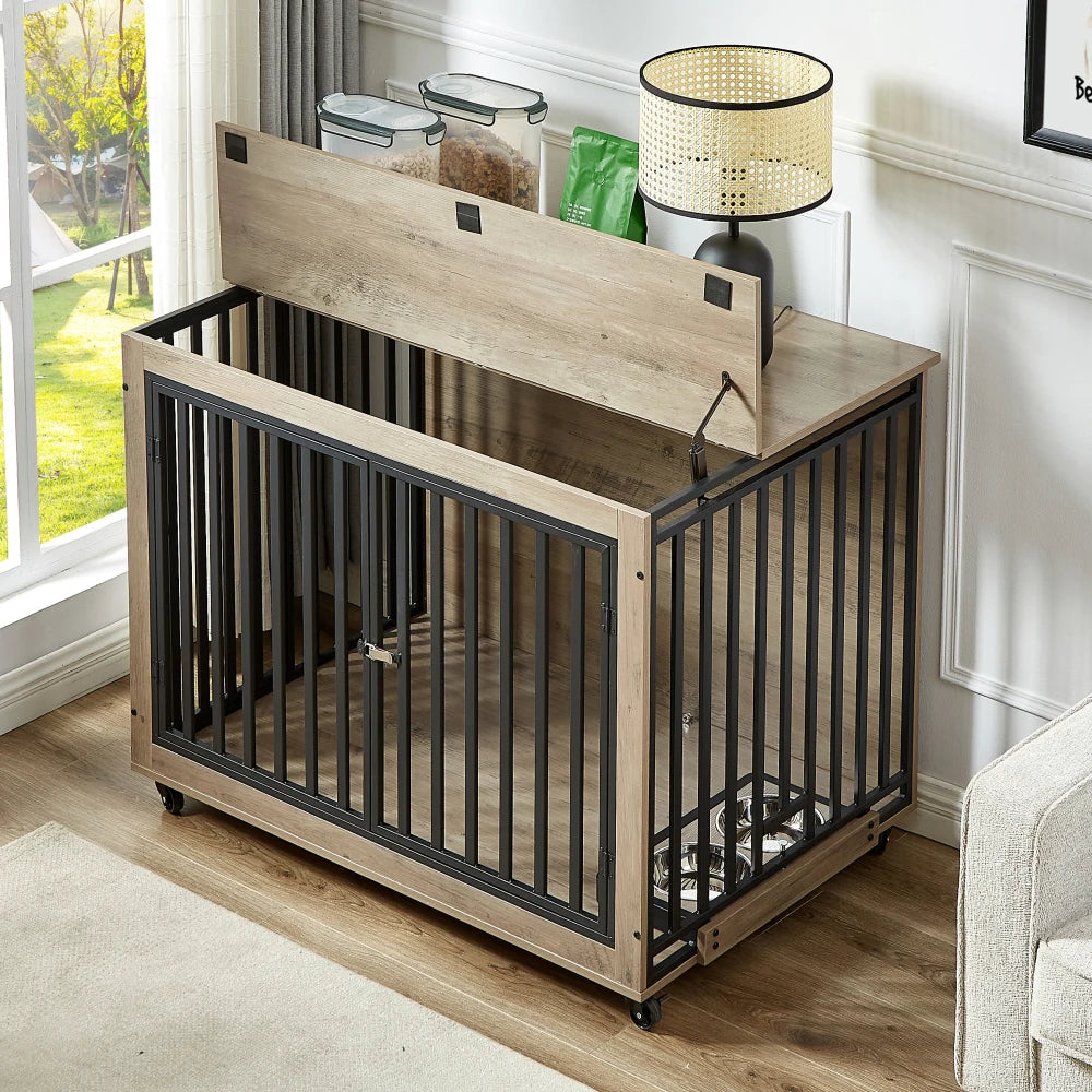 Furniture Style Dog Crate Side Table With Feeding Bowl Three Doors Flip-Up Top Opening Indoor Grey 38.58"W x 25.2"D x 27.17"H