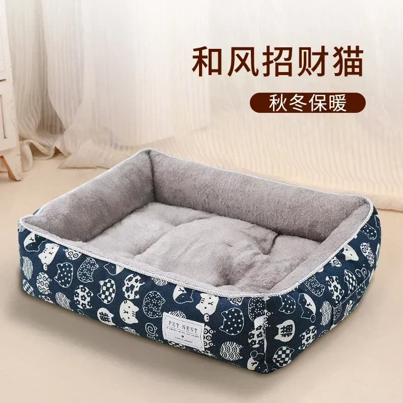 Plaid Printing Soft Removable&Washable Dog Bed Fabric Skin-Friendly Cotton&Linen Breathable Pet Sofa Square Cat Litte Dog Bed