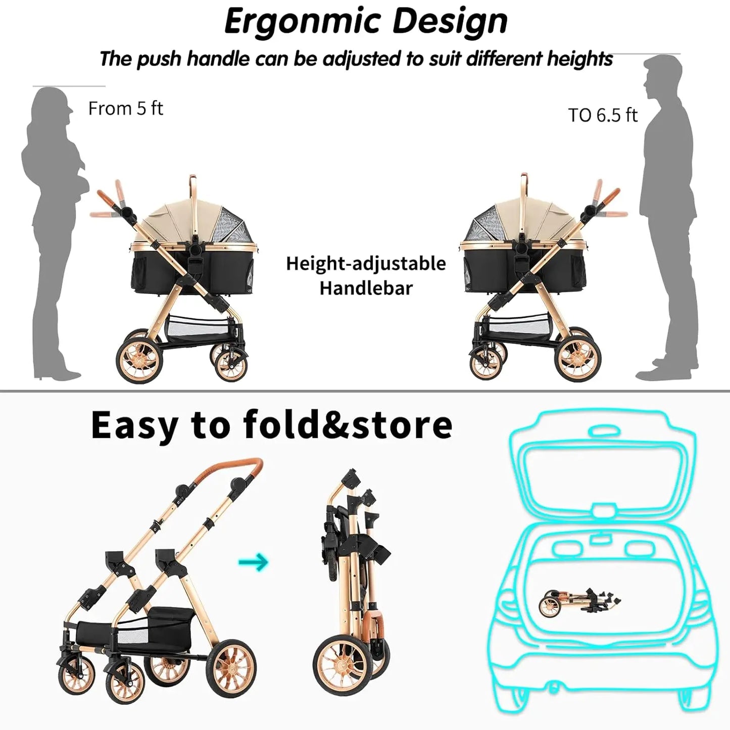 Dog Stroller for Medium Small Dog with Storage Basket Foldable Lightweight Dog Carrier Trolley.Basket can be Used Alone.（Khaki）