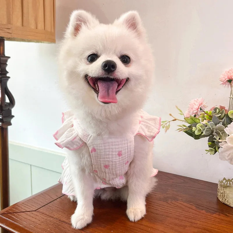 Summer  Dog Cooling Dress Thin Bow Heart Print Dog Clothes Pet Skirt Kitten Puppy Costume Chihuahua Bichon Yorkie Girls Dog Vest