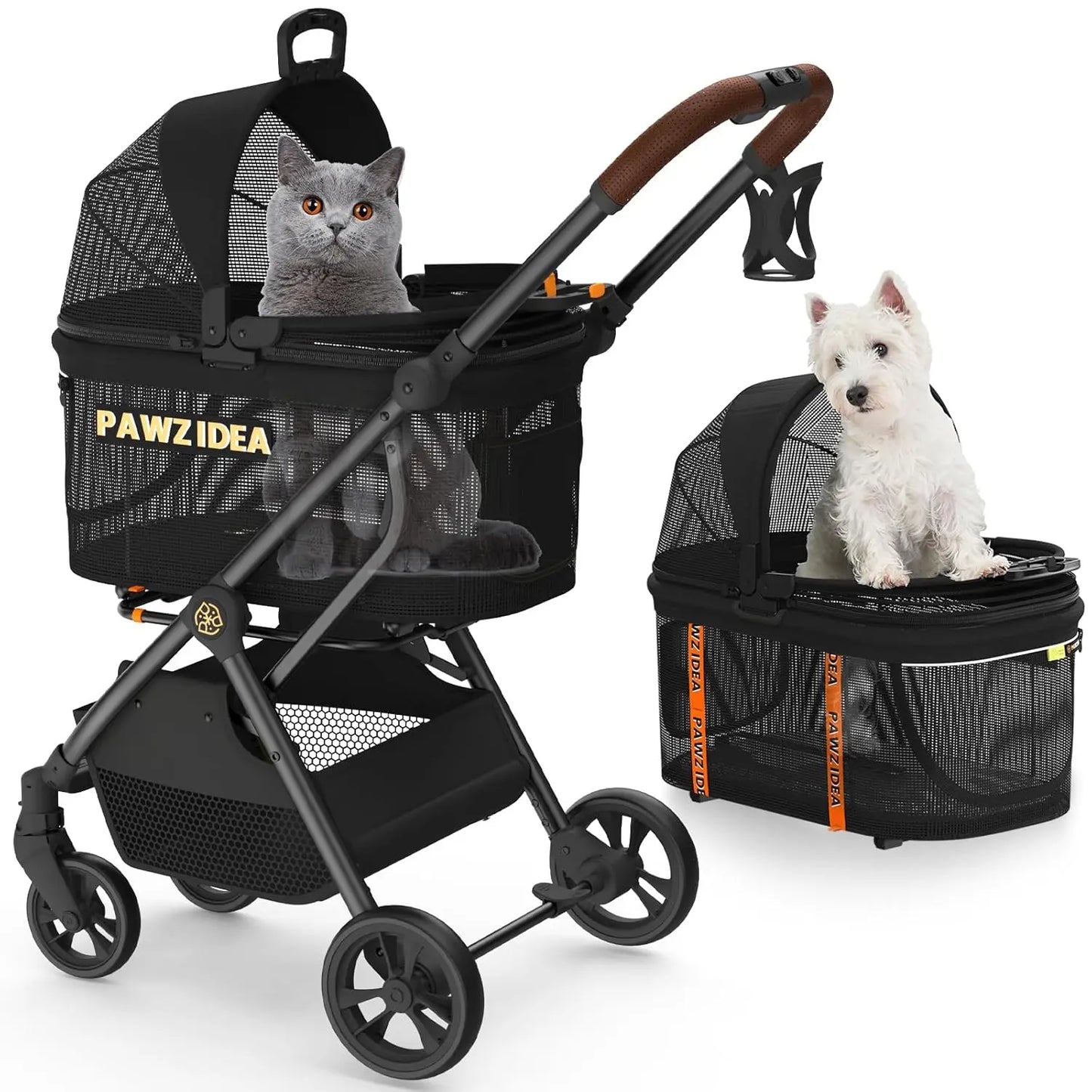 PAWZIDEA Dog Stroller 4 in 1, Pet Stroller for Cats with Detachable Carrier for Small/Medium Dogs/Cats, Seatbelt Car Seat Combo